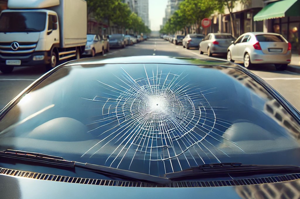 prasknuté čelne sklo na aute, prasklina na čelnom skle, pzp pripoistenie čelného skla